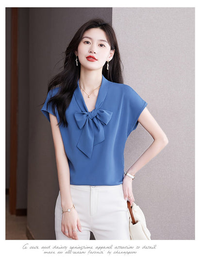 Bow Tie Blouse Shirt for Women OL Elegant Blouses Satin Womens Tops Silk Female Clothing 2023 Korean Fashion Short Sleeve Blouse