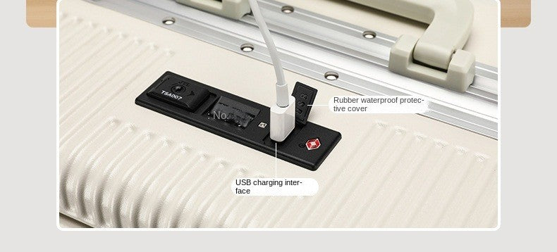 Mala de Viagem com Abertura Frontal, Estrutura de Liga de Alumínio, Trava, Plug USB para Carregamento, Rodas Giratórias e Alça Retrátil