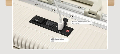 Mala de Viagem com Abertura Frontal, Estrutura de Liga de Alumínio, Trava, Plug USB para Carregamento, Rodas Giratórias e Alça Retrátil