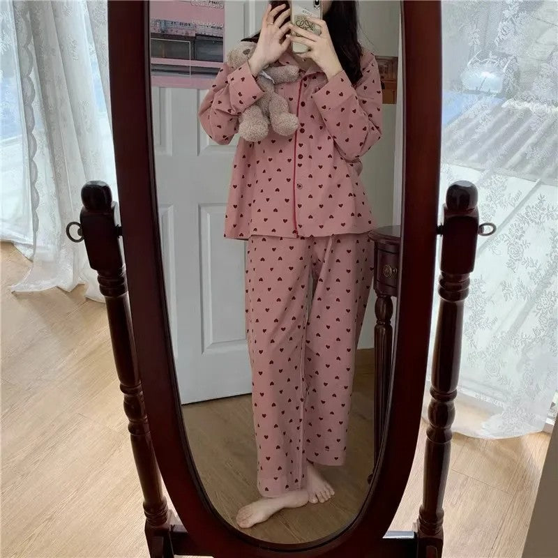 M-XXL Large Size Nightwear Women Sleepwear Autumn and Winter Cardigan Home Wear Peach Heart Long Sleeves School Silk Pajamas