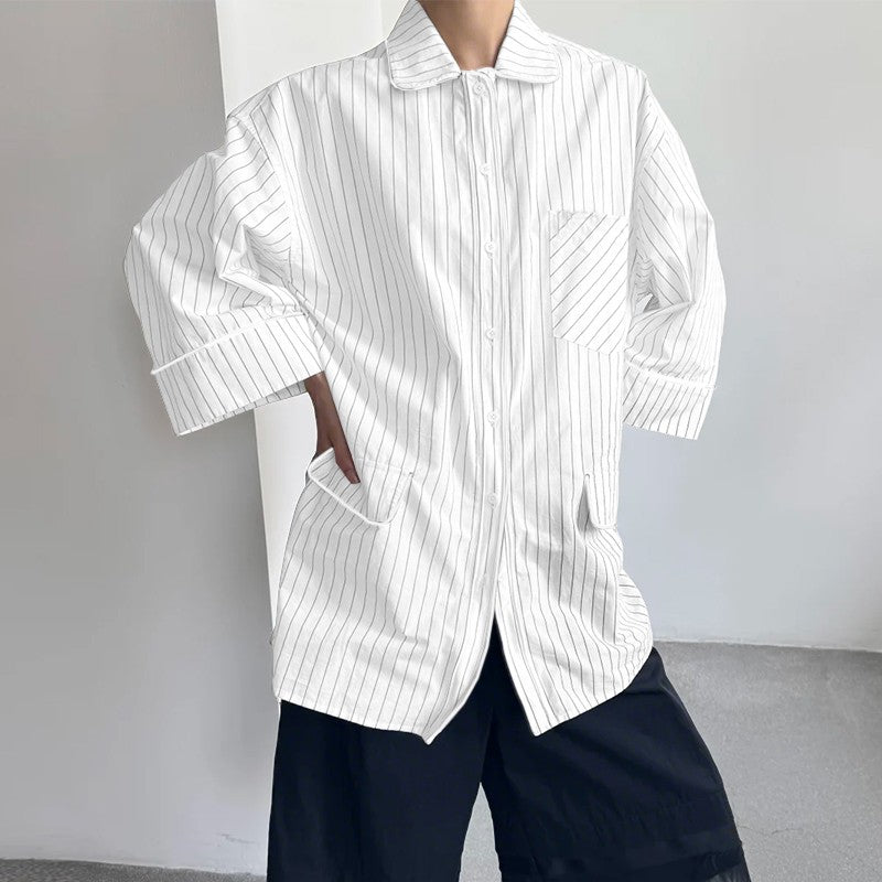 INCERUN Men Striped Shirt Lapel 3/4 Sleeve Oversize Casual Men Clothing Streetwear Korean Style Loose Fashion Tops Male Shirts