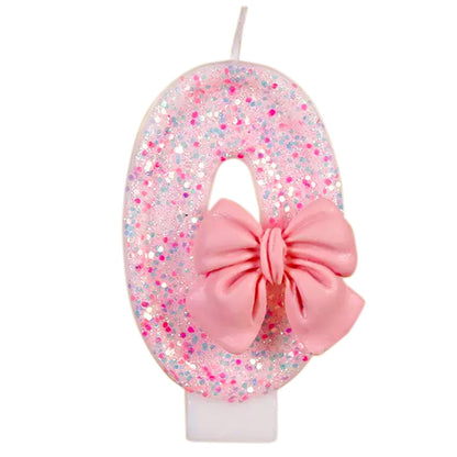 Pink Bow Number Candle Glitter Candle Cake Topper 0-9 for Birthday Anniversary Party Cake Decoration Gifts
