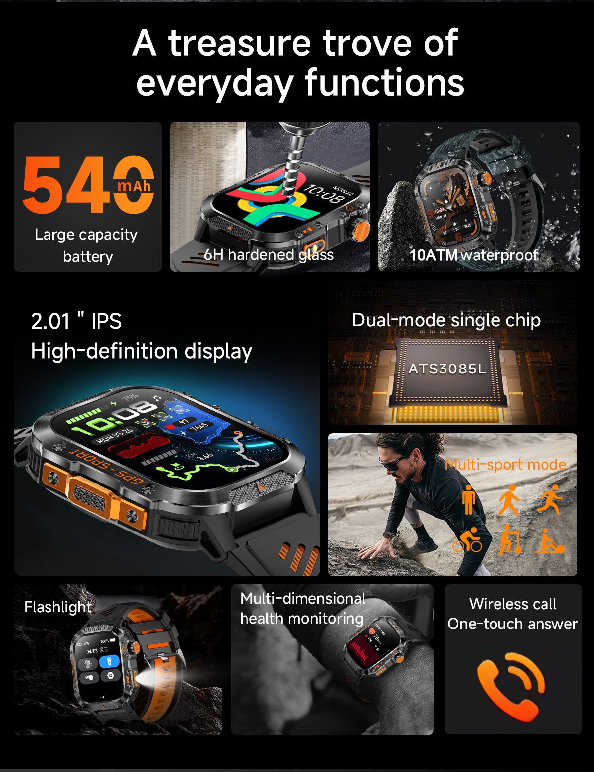 2026 Novas pulseiras inteligentes militares de GPS para ambientes externos, bússola masculina, frequência cardíaca, chamada BT, lanterna LED, Smartwatch à prova d'água 10ATM para natação
