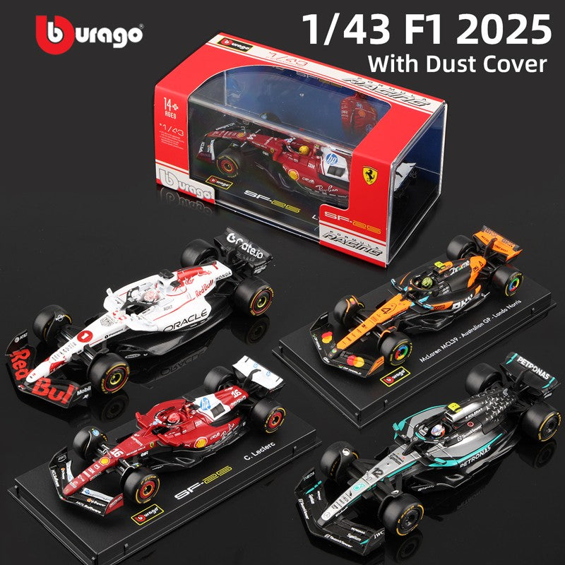 Bburago 1:43 2025 F1 Modelo com Capacete em Liga Miniatura de Metal Fundido Fórmula Carro de Corrida Brinquedo MCL39 W16 SF25 RB21