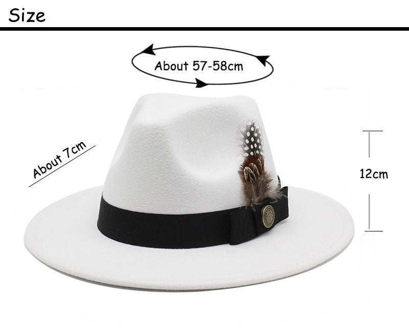 White Woolen Gentleman Classic British Jazz Feather Top Hat Wide Brim Party Church Wedding Fedora Hats Men Women Panama Felt Cap