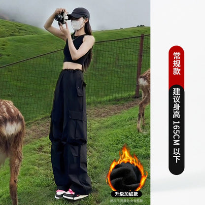 Black American Workwear Pants Women's Loose Straight Leg Casual Wide Leg Pants Cool Windbreaker Sports Pants Autumn Winter Sp...