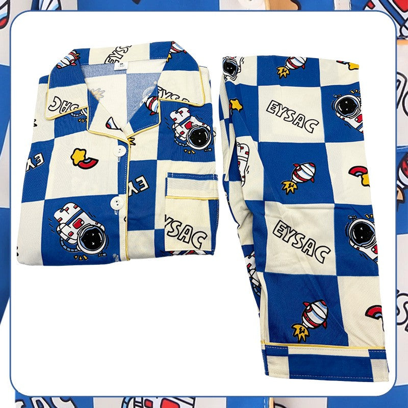 Space Theme Boys Pajama Sets Astronaut Long Sleeve Sleepwear with Galaxy Print Button Down Collar PJs for Kids Loungewear Outfit