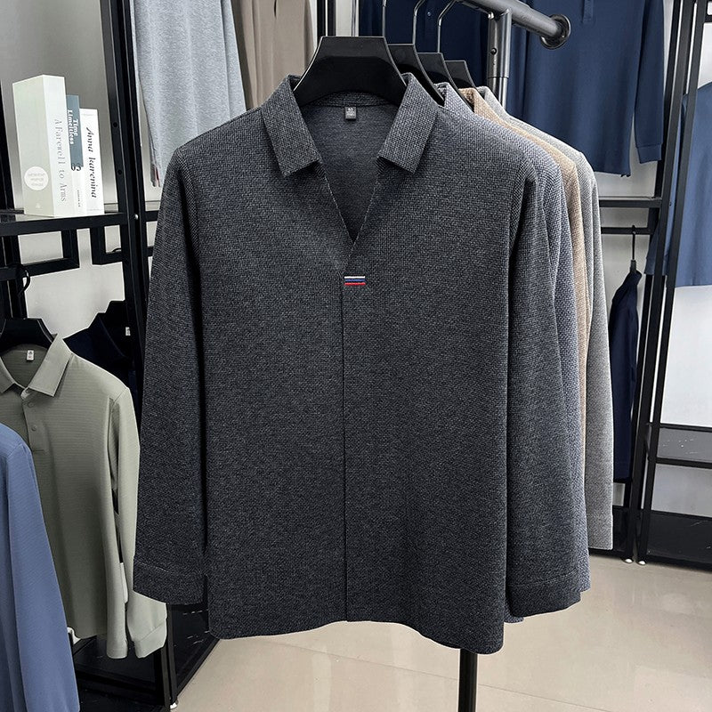 High end brand men's long sleeve V-neck polo shirt autumn fashion new striped embroidery design boutique golf top casual T-shirt