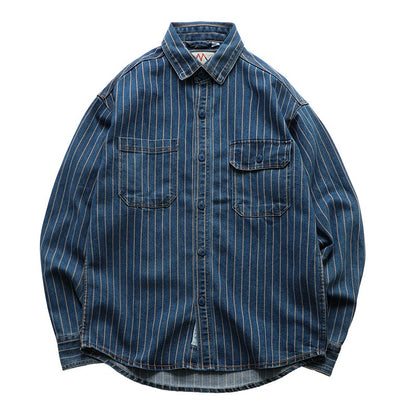 American Retro Workwear Long Sve Denim irt Loose Casual Striped ket irt Youth Trend Autumn Wear Iron Free