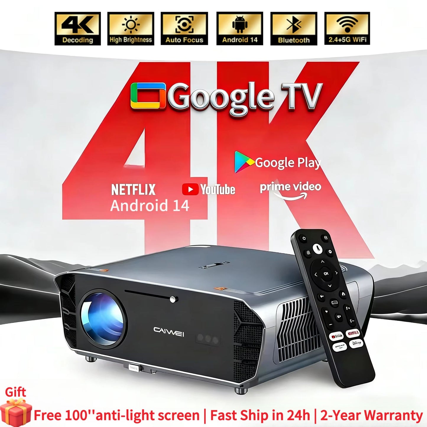 Novo projetor 4K UHD 3500 ANSI Google TV home theater projetor TOF 1080P Android WiFi 2.4+5G foco automático vídeo Projetor quente