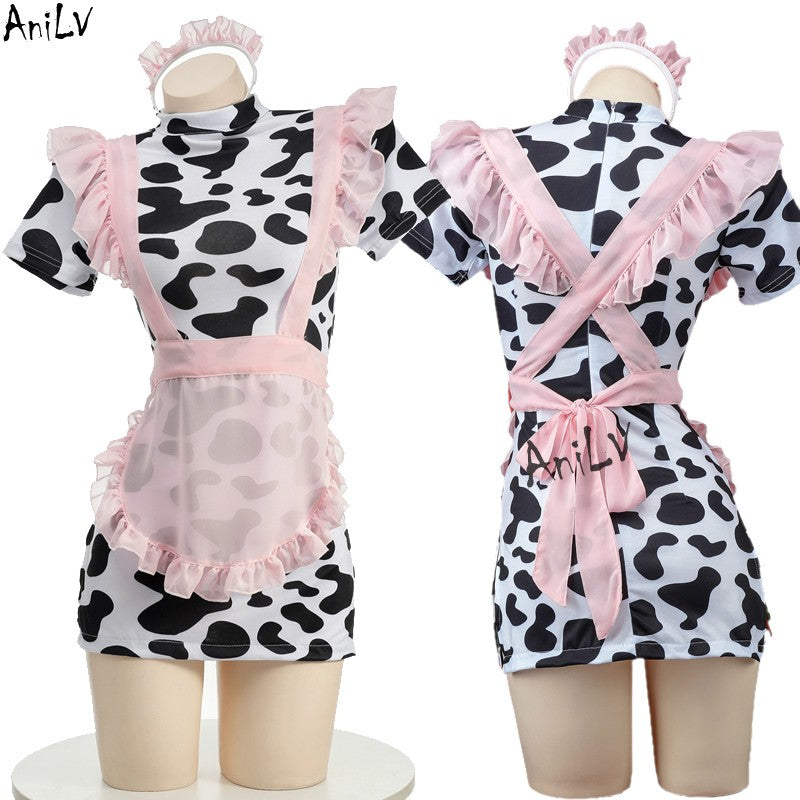 AniLV Cow Series Swimsuit Bodysuit Bikini Maid Unifrom Costume Summer Beach Kawaii Girl Swimwear Skirt Uniform Set Cosplay
