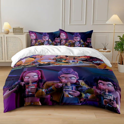 3pcs Cartoon K-Pop Demon Hunters Print Coreless Duvet Cover Set Multi Size Bedroom Dormitory Comfortable, Machine Washable