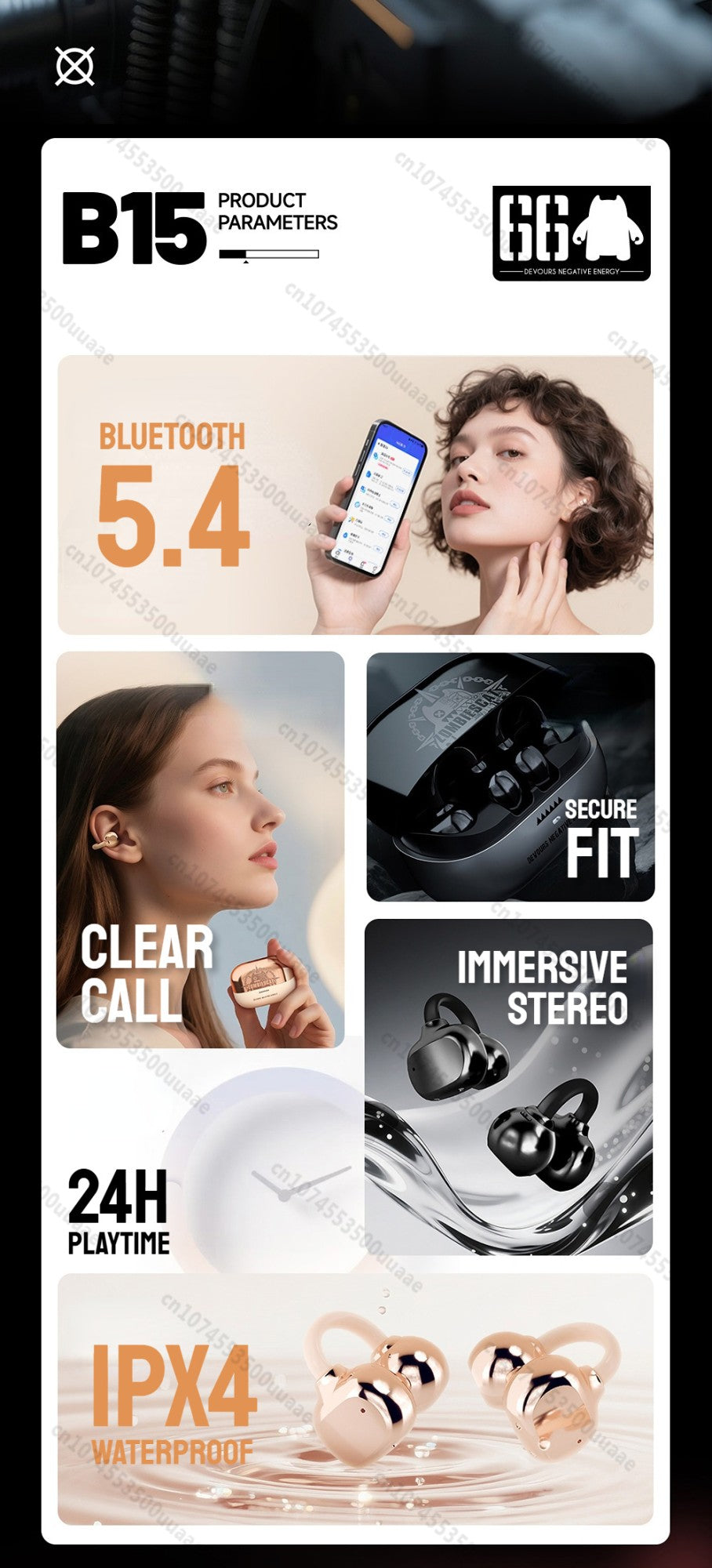Zombiescat B15 OWS Ear Clip Headphone 360° Immersive Stereo Bluetooth 5.4 Wireless Earphones ENC Clear Call TWS Wireless Earbuds