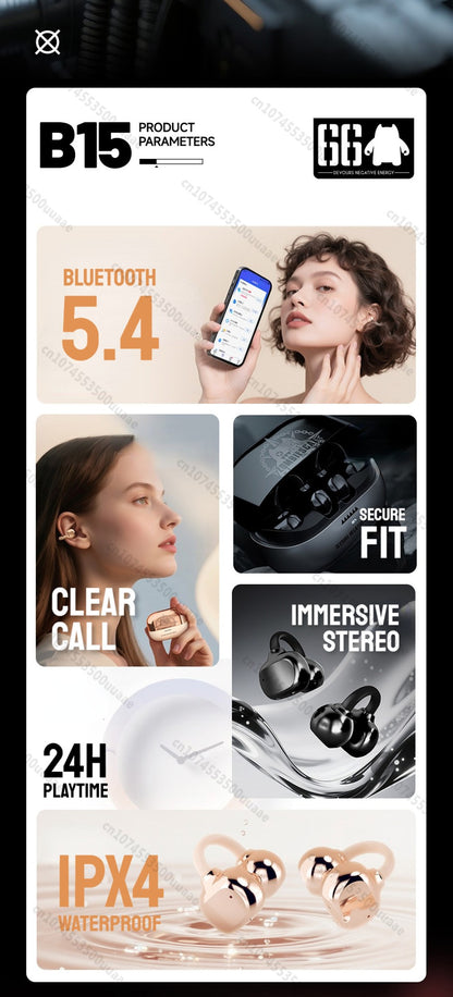 Zombiescat B15 OWS Ear Clip Headphone 360° Immersive Stereo Bluetooth 5.4 Wireless Earphones ENC Clear Call TWS Wireless Earbuds