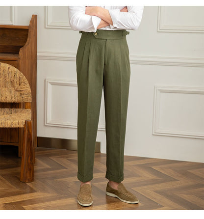 Three Gentleman Summer Naples Casual Straight Pants Men's Commuting Cotton and Linen Comfortable Breathable High Waist Pants