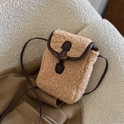 Fashion Winter Lambswool Phone Bag Sweet Lovely Portable Women Wallets Square Purse Faux Fur Plush Shoulder Bags Purses Handbags