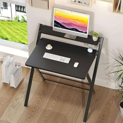 Folding Desk No Assembly Required Large Size, 2-Tier Foldable Computer Desk with Shelf for Home Office, Space Saving Portable