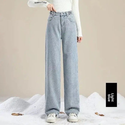 Thickened Fleece Lined Retro Women's Wide Leg Jeans Winter New Style Hong Kong Flavor Small Size Straight Cut Warm Trousers
