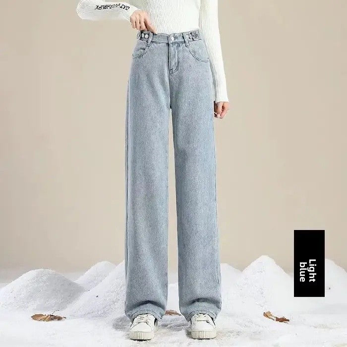 Thickened Fleece Lined Retro Women's Wide Leg Jeans Winter New Style Hong Kong Flavor Small Size Straight Cut Warm Trousers
