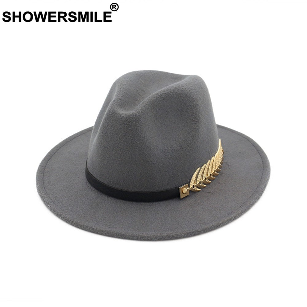 SHOWERSMILE Burgundy Women Fedora Hat Winter Female Wool Felt Hat Leaf Large Brim British Style Retro Jazz Cap Accessories