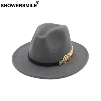SHOWERSMILE Burgundy Women Fedora Hat Winter Female Wool Felt Hat Leaf Large Brim British Style Retro Jazz Cap Accessories