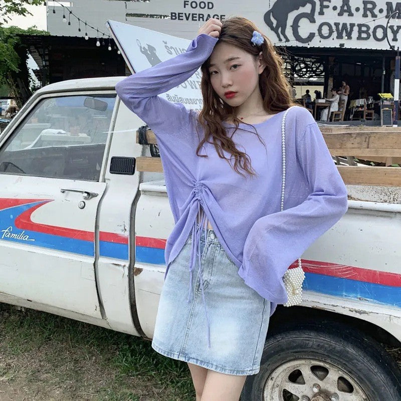 Women's 2025 Women's Summer New Beach Long sleeved Sunscreen Jacket Loose Hoodie Drawstring Upward Shirt