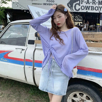 Women's 2025 Women's Summer New Beach Long sleeved Sunscreen Jacket Loose Hoodie Drawstring Upward Shirt