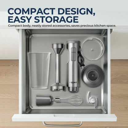 Liquidificador de Imersão Manual 4 em 1 ROUNY 1000W Potente, Mixer de Alimentos em Aço Inox, Copo Medidor de 700ml, Processador de 500ml, Batedor de Claras