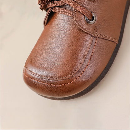 Vintage Plain Oxfords Shoes Women's Genuine Leather Flats Ladies Laced Up Moccasins Elderly Woman Square Toe Driving Loaferss
