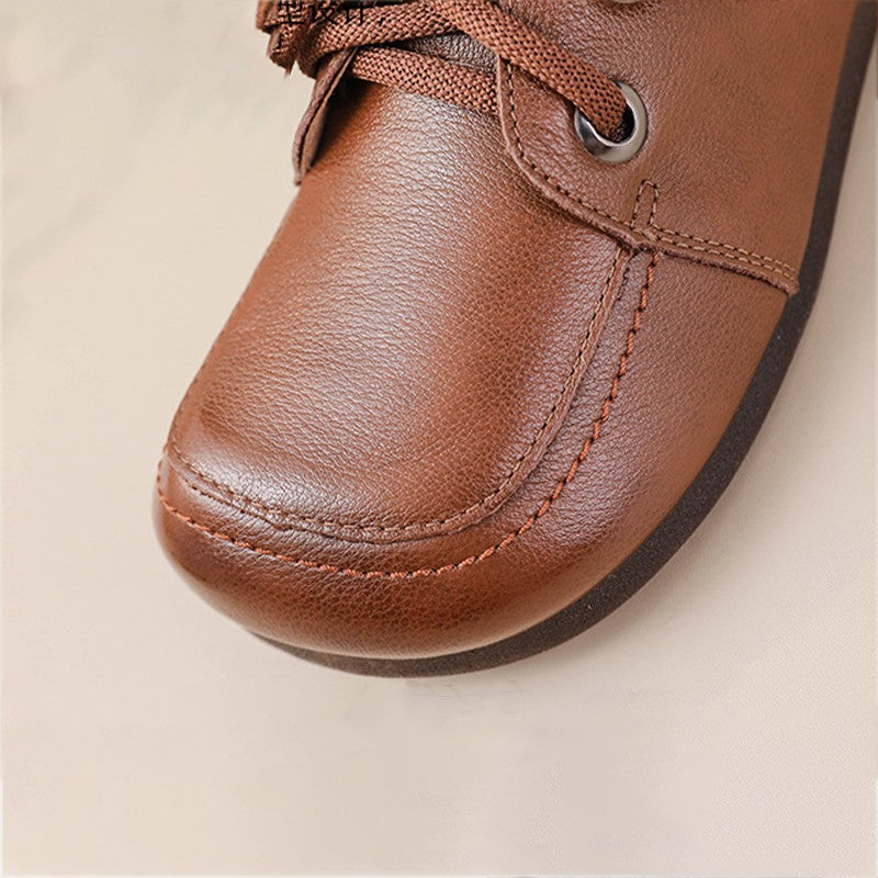 Vintage Plain Oxfords Shoes Women's Genuine Leather Flats Ladies Laced Up Moccasins Elderly Woman Square Toe Driving Loaferss