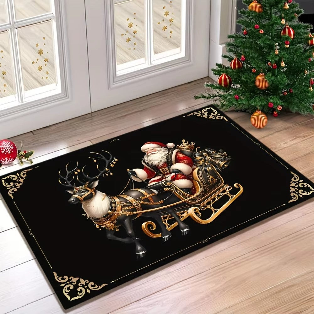 VIKAMA Christmas Welcome Doormat Lightweight, Machine-Washable Black & Gold Reindeer Print Rug Holiday Home Decor