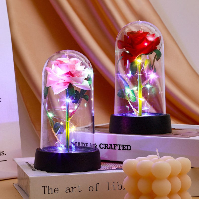 Artificial Rose Flowers Eternal Rose LED Light Foil Flower in Glass Cover Simulation Rose Flower Christmas Teachers' Day Gifts