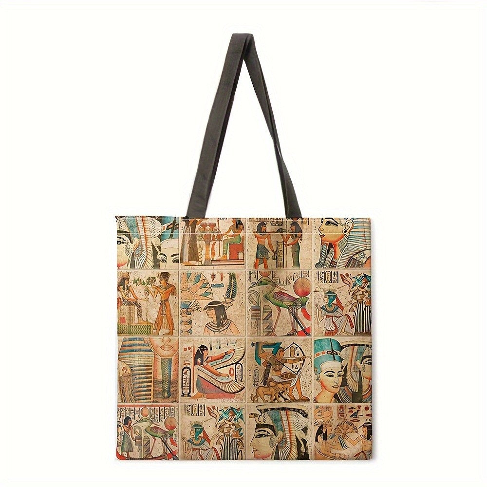 Egyptian Art Print Linen Tote Bag  Foldable Shoulder Handbag for Beac Casual Shopping Bag Daily Handbag Multi-functional