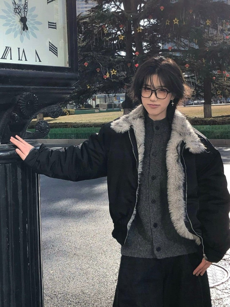 2025 Winter New Fashion Mountain Carving Imitation Wolf Fur Coat Men and Women Y2K Harajuku Hip-hop Pop Bomber Jacket Cleanfit