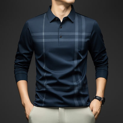 BROWON Graphic Polo Shirt Men 2025 Autumn New Business Slim Long Sleeve T Shirt Man Casual Loose Printed Striped Clothes for Men