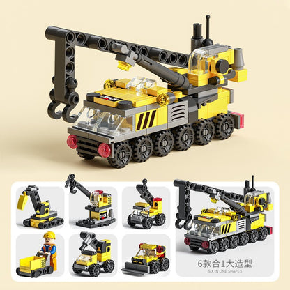 6 in 1 Mega City Building Set - Police Car, Fire Truck, Crane, Tank, Helicopter & More, Construction Engineering Toys Gift