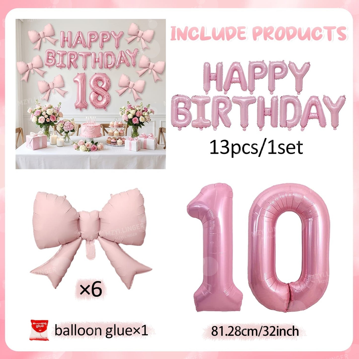 Pink Bow Birthday Balloon Happy Birthday Letter Balloon Used for Wedding, Valentine's Day, Birthday, Proposal Decoration Decor