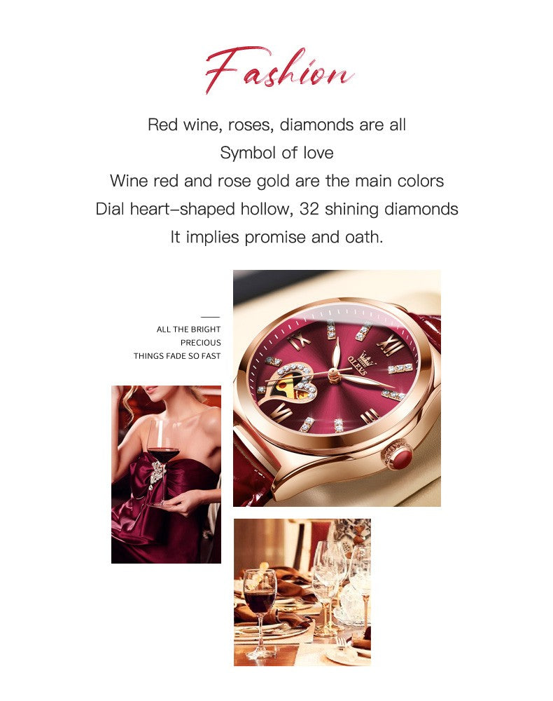 OLEVS 6636 Luxury Women Watch Fully Automatic Hollow Design Diamond Heart shaped Watch Elegant Mechanical Women Bracelet Watch