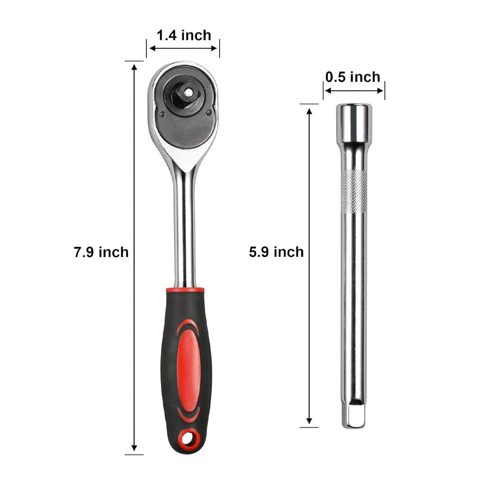 Conjunto de 12 peças de chaves de soquete e catraca, tamanhos 1/4, 3/8, 1/2, kit de ferramentas com haste de extensão e 10 conjuntos de reparos comuns