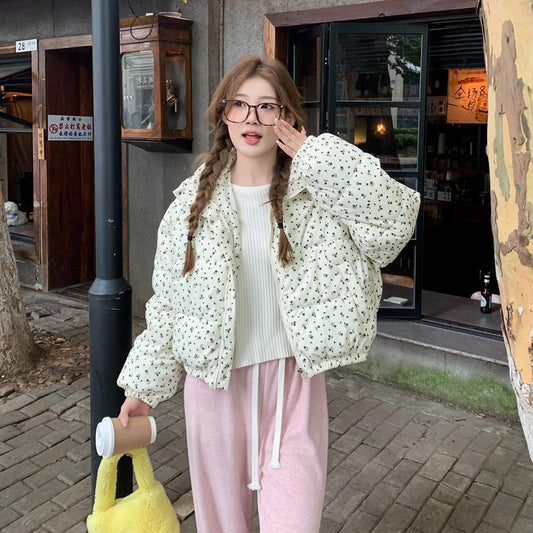 Korean Vintage Winter Women Floral Long Sleeved Zipper Down Jacket Ladies Vintage Short Warm Bread Coat Casual Versatile Popular