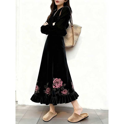Women Clothes Autumn Winter Fashion Simplicity All-match Printing Solid Color Female Temperament Pleuche High Waist A-line Skirt