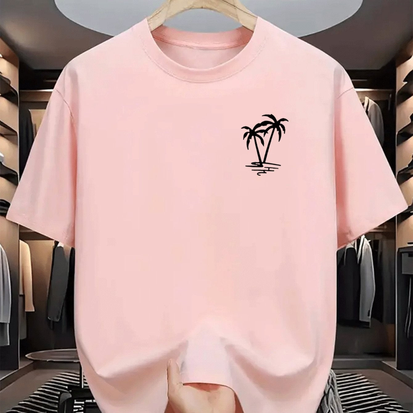 Men's summer 100% cotton fashionable casual loose coconut tree pattern printed sports round neck short sleeved T-shirt top