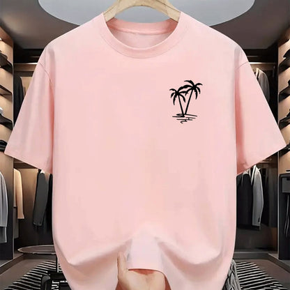 Men's summer 100% cotton fashionable casual loose coconut tree pattern printed sports round neck short sleeved T-shirt top