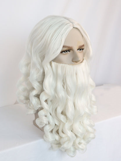 Peruca Sintética Branca Cacheada de Papai Noel para Cosplay Masculino Feminino, para Festas de Carnaval, Festivais de Música, Halloween