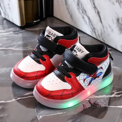 Disney Children's Sneakers Boys Girls Spiderman Led Light Sport Shoes Student Shoes Hook Anti-slip Kids Outdoor Basket Shoes