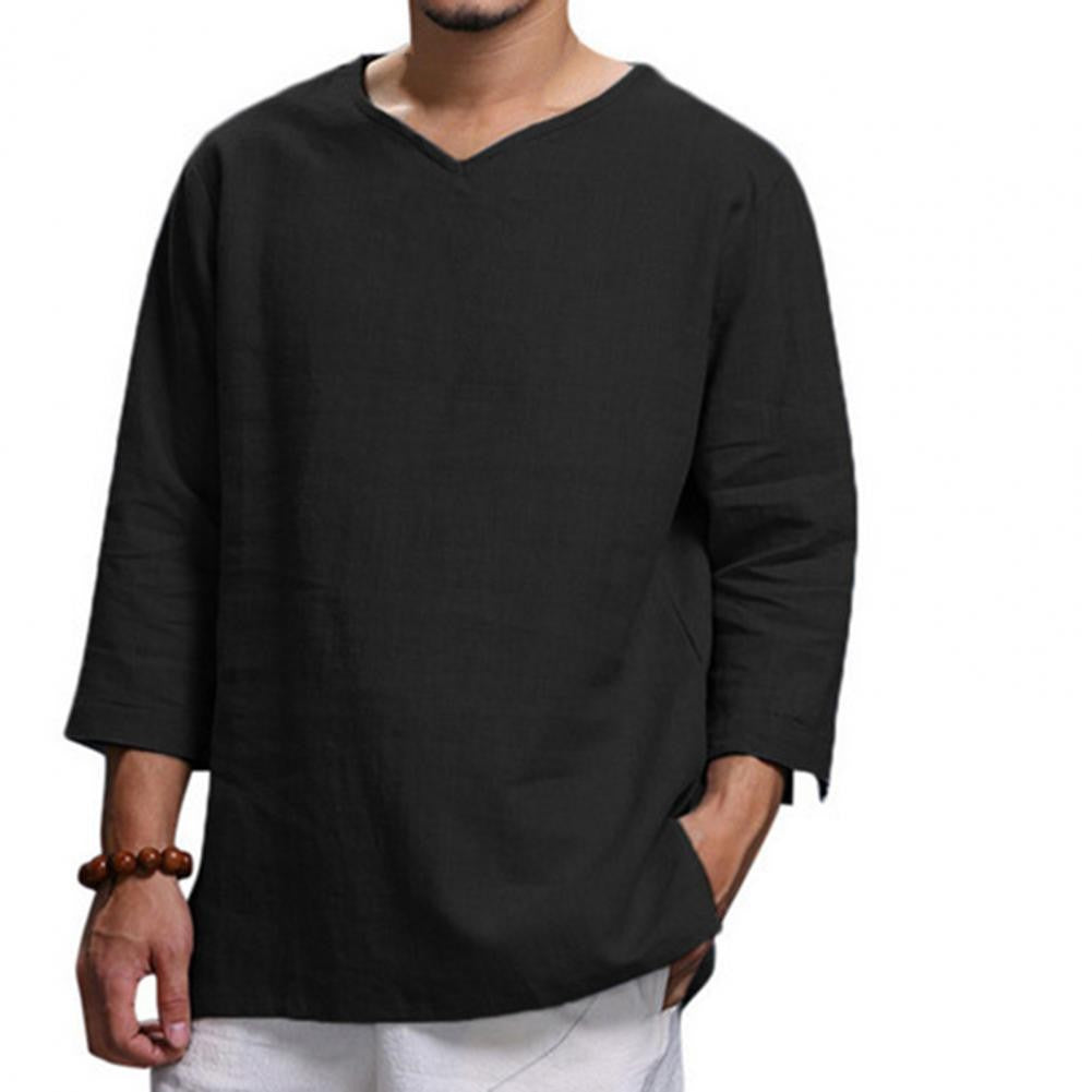 Cotton And Linen Men New 3/4 Sleeve Loose Solid Casual Large Pullover Shirt Leisure Summer Spring Long Sleeves Men Casual Shirt