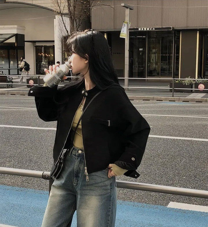 Retro American Coffee Brown Copper Zipper Button Short Jacket 2025 Autumn Trendy PU Leather Jacket Versatile for Dynamic Women