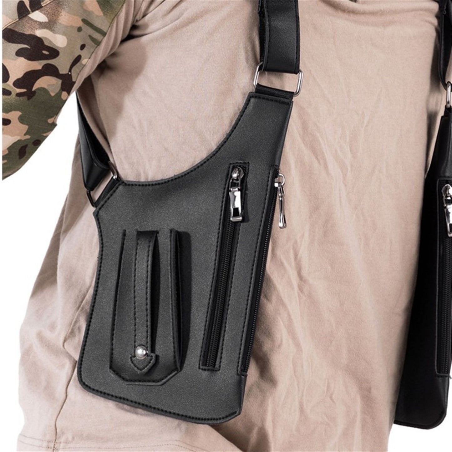 Retro Double Shoulder Strap Multi-pocket Outdoor Anti-theft Tactical Bag Men Crossbody Bags PU Waterproof Phone Bag Chest Bag
