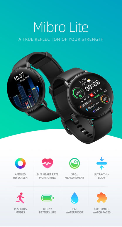 Mibro Lite Smartwatch Global Version 1.3Inch AMOLED HD Display IP68 Waterproof App Control Fitness Monitoring Bluetooth Watch