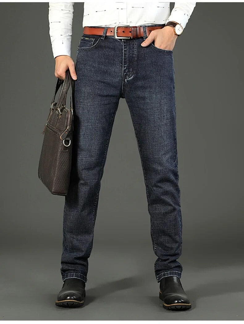 Wthinlee Calça Jeans Masculina Nova, Casual, Reta, Elástica, Moda Clássica, Azul, Preta, Trabalho, Calças Jeans Masculinas de Marca